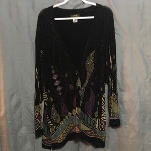 Classy cardigan!  Black with royal colors.